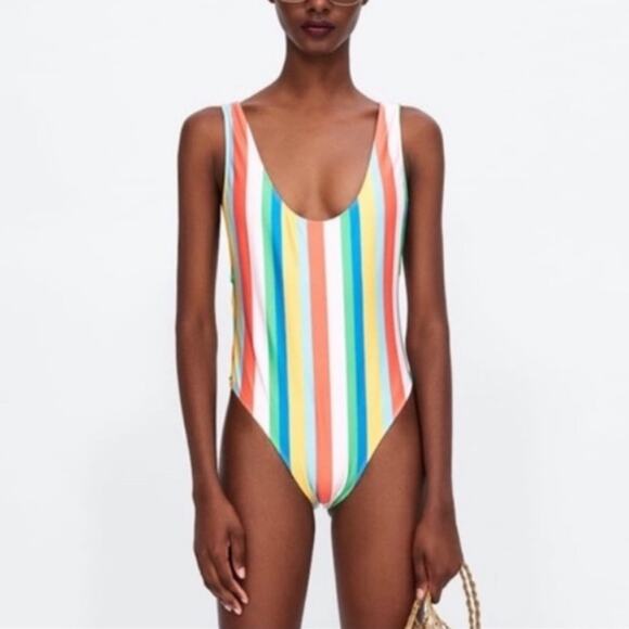 NEW ZARA ONE PIECE SWIM SUIT RAINBOW STRIPE SMALL - Picture 2 of 7